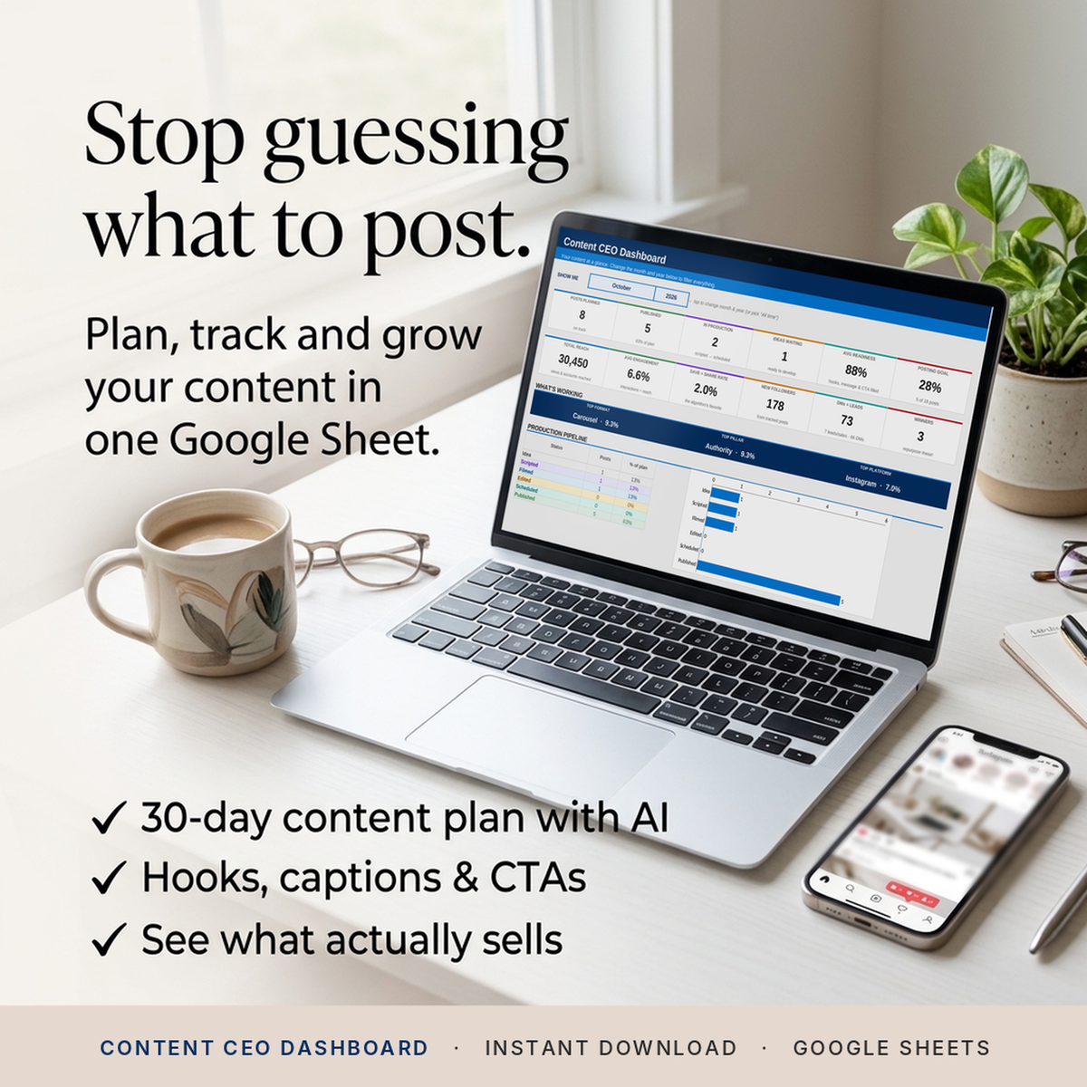 Content CEO Dashboard | Social Media Content Planner & Analytics Template for Google Sheets